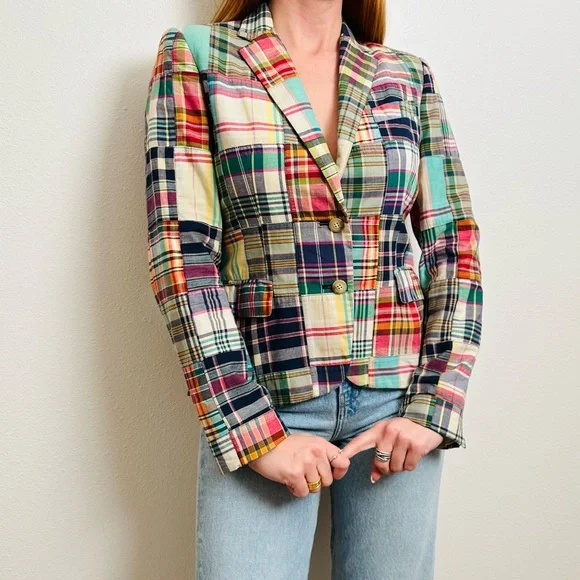 Vintage Ralph Lauren Patchwork Madras Blazer Jacket Plaid Preppy - Picture 2 of 13